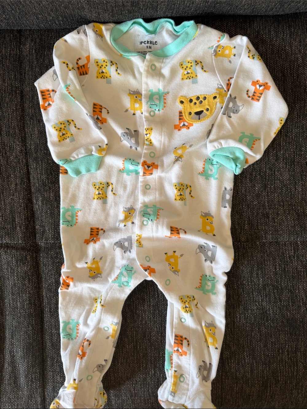 Pekkle 9m White Animal Print Footed One-Piece with Mint Trim